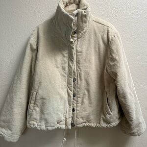 12th Tribe Women’s Corduroy Puffer Jacket Beige Button Snaps Drawstring Hem Sz M